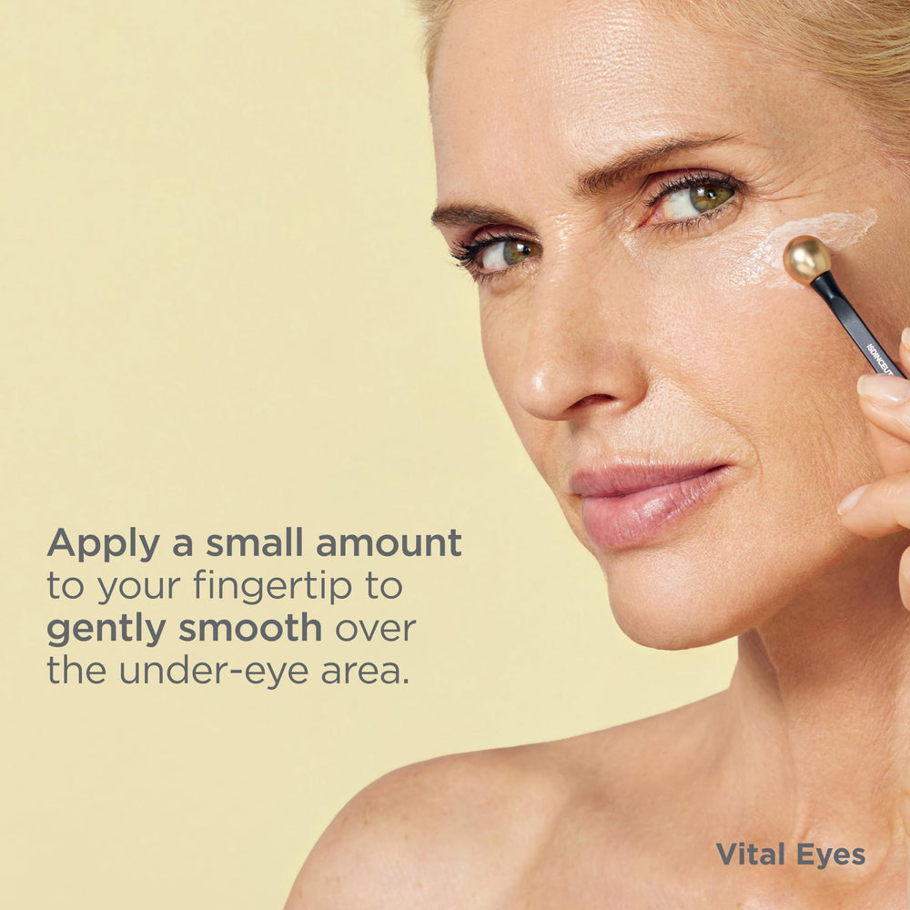 ISDIN Isdinceutics Vital Eyes detox-action graphic conveys antioxidant support overnight.