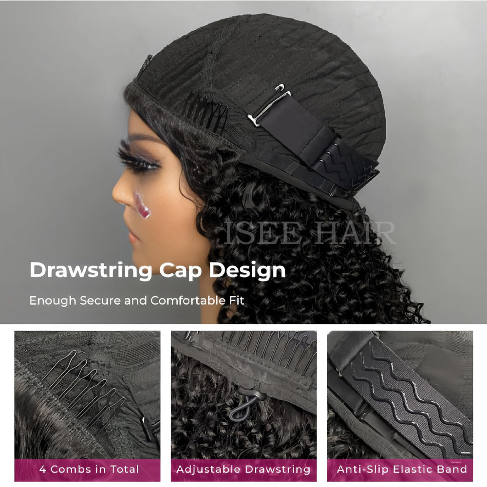 ISEE half wig kinky curly texture closeup shows soft curls