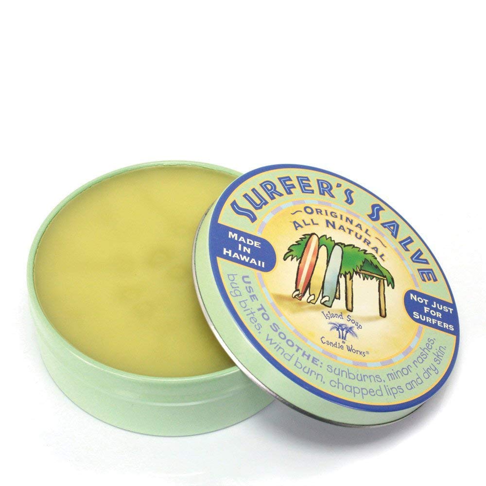 Island Soap & Candle Works Surfer's Salve tin close-up for moisturized skin