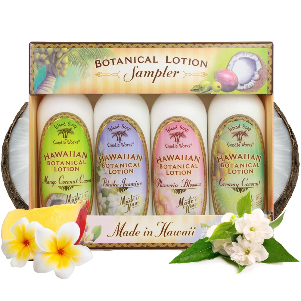 Island Soap and Candle Works botanical lotion sampler shows four 2 oz bottles for travel hydration.