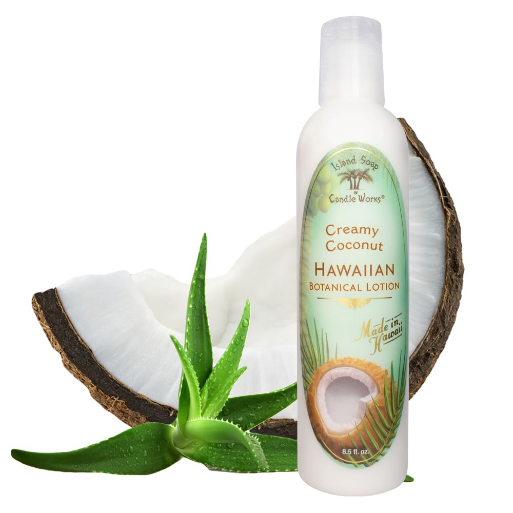 Island Soap &amp; Candle Works lotion creamy coconut bottle shows moisturizing formula.