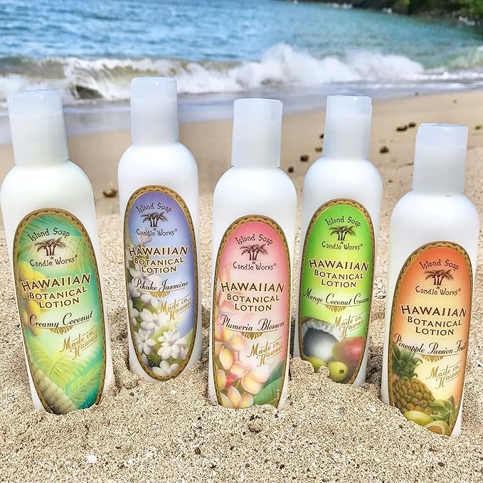 Island Soap &amp; Candle Works lotion creamy coconut label closeup emphasizes coconut-based moisture.