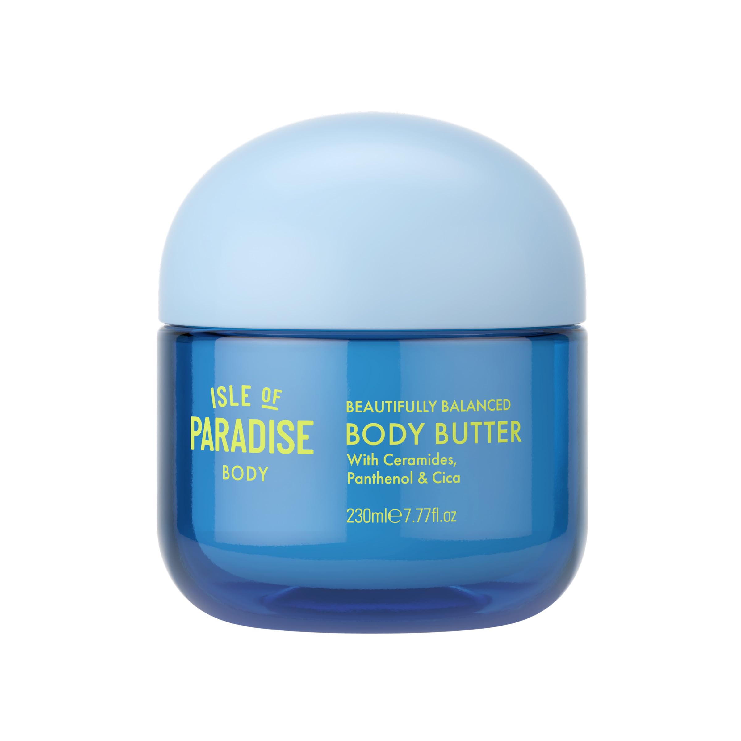 Isle of Paradise Beautifully Balanced Body Butter jar closeup showing rich hydration.