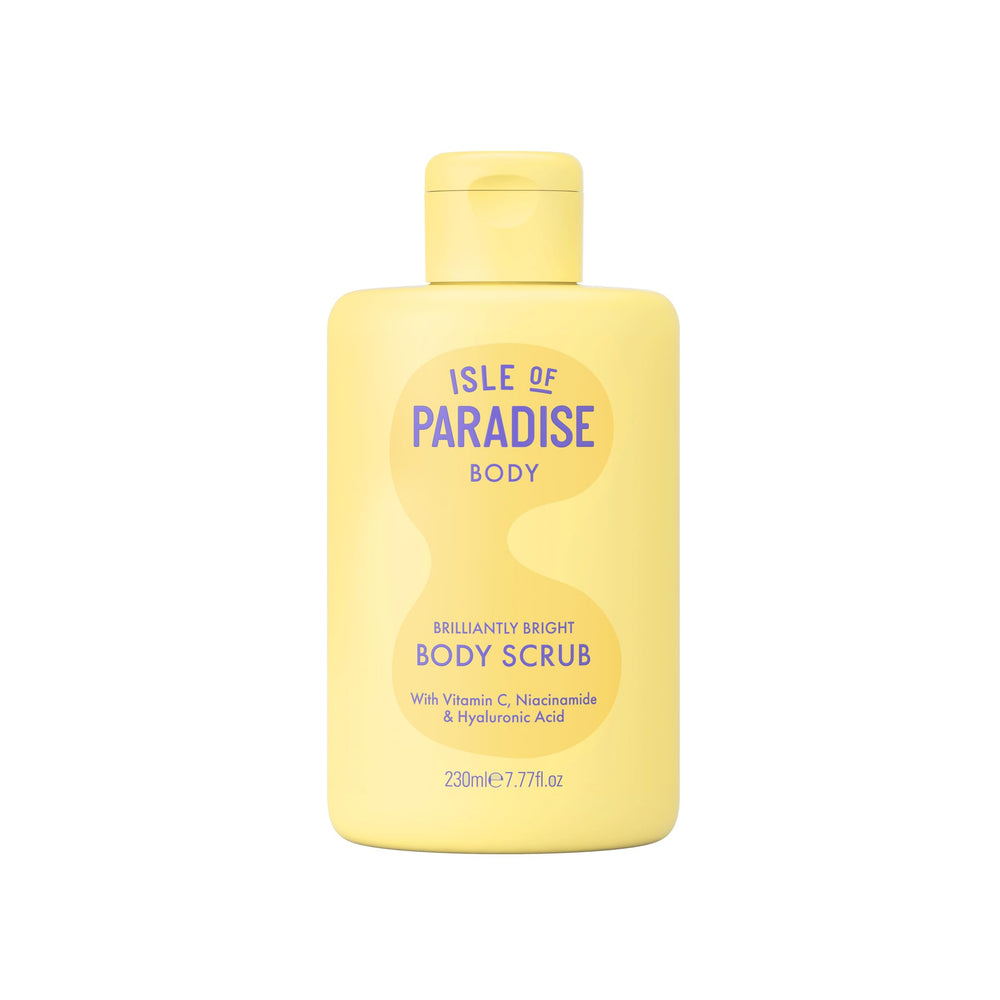 Isle of Paradise Brilliantly Bright Body Polish jar closeup showing exfoliating texture for radiant skin.