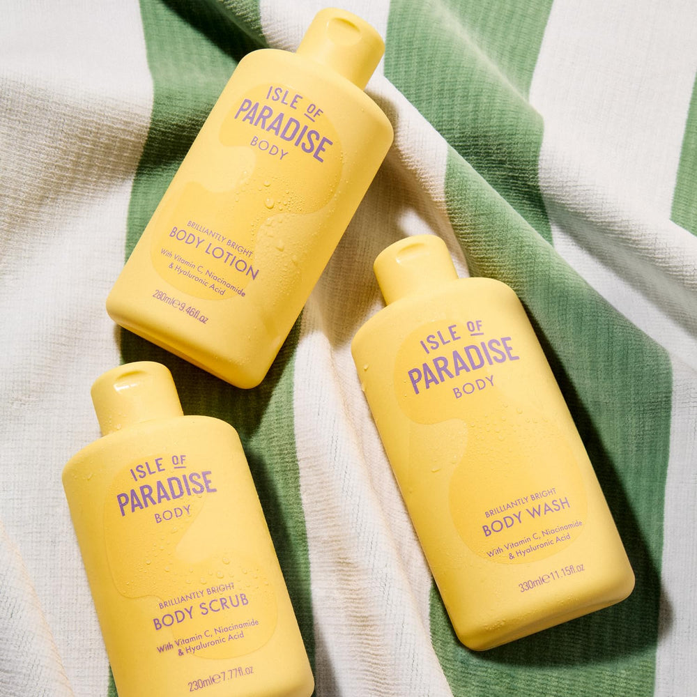 Isle of Paradise Brilliantly Bright Body Polish morning routine shot showing damp skin prep and hydration.