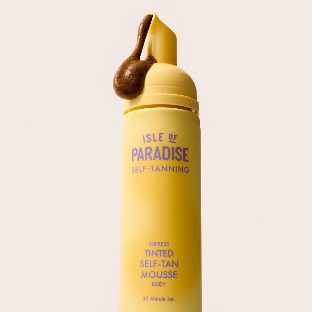 Isle of Paradise Express Tinted Self Tan Mousse after-application glow on skin with even tone.