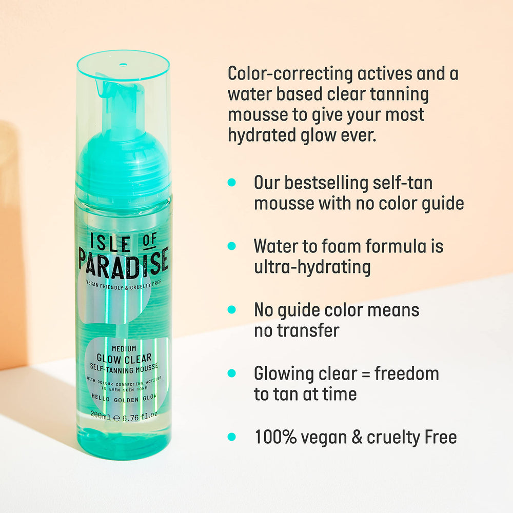 Isle of Paradise Glow Clear Self-Tanning Mousse with application mitt for smooth, streak-free application.