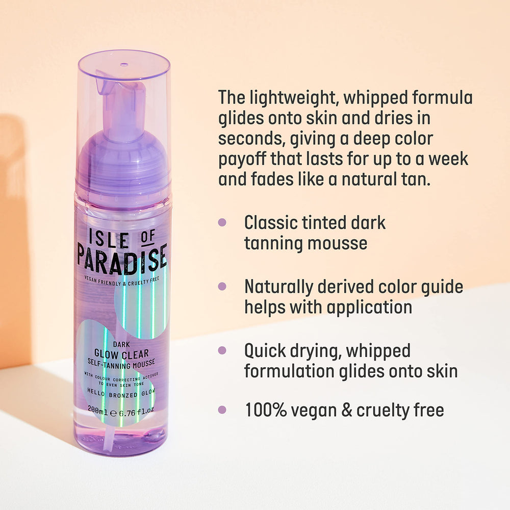 Isle of Paradise Glow Clear Self-Tanning Mousse with application mitt for streak-free results.