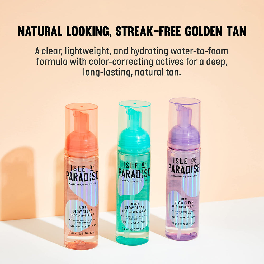 Isle of Paradise Glow Clear Self-Tanning Mousse finish appears transfer-free after drying.