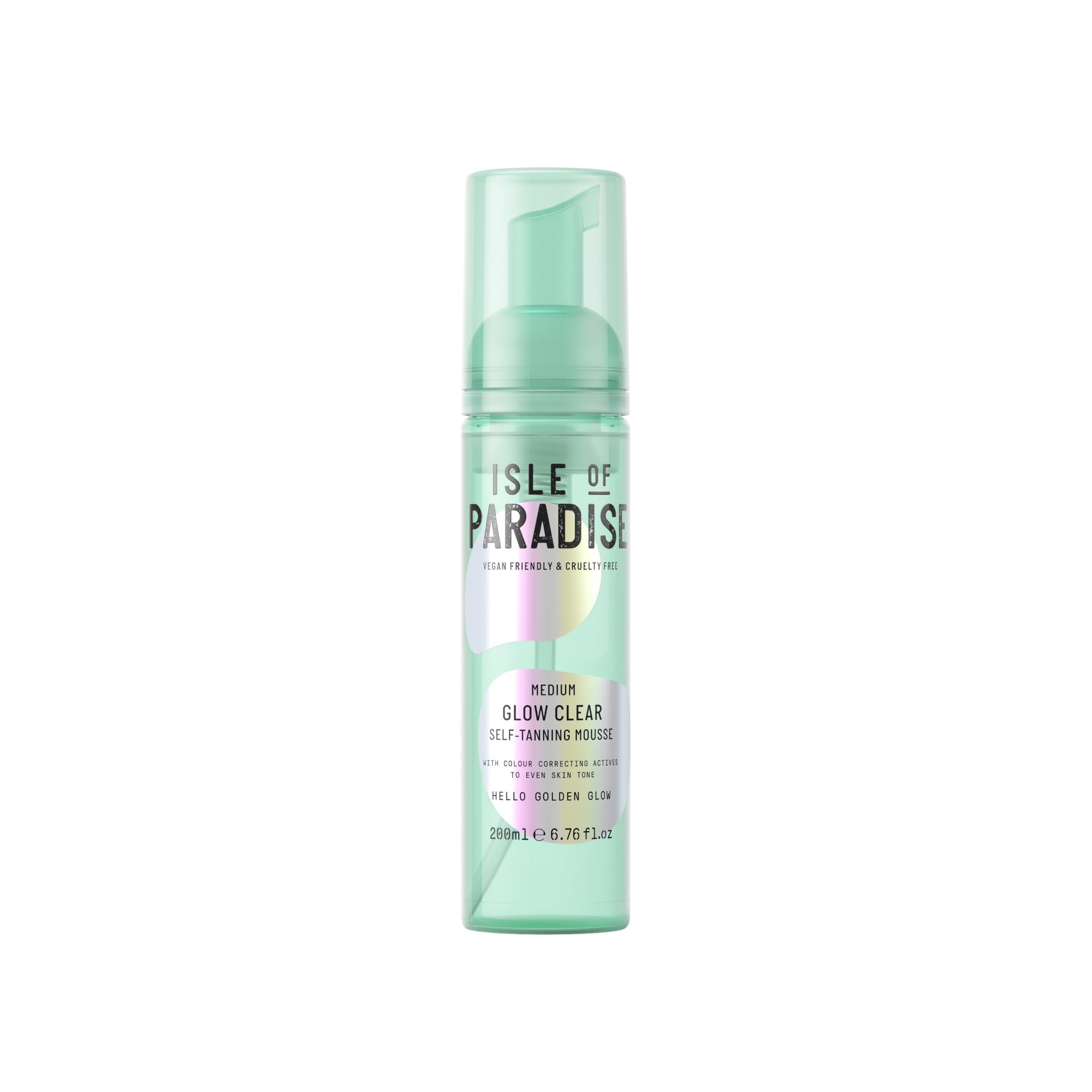 Isle of Paradise Glow Clear Self-Tanning Mousse packaging shows transfer-free color correction.