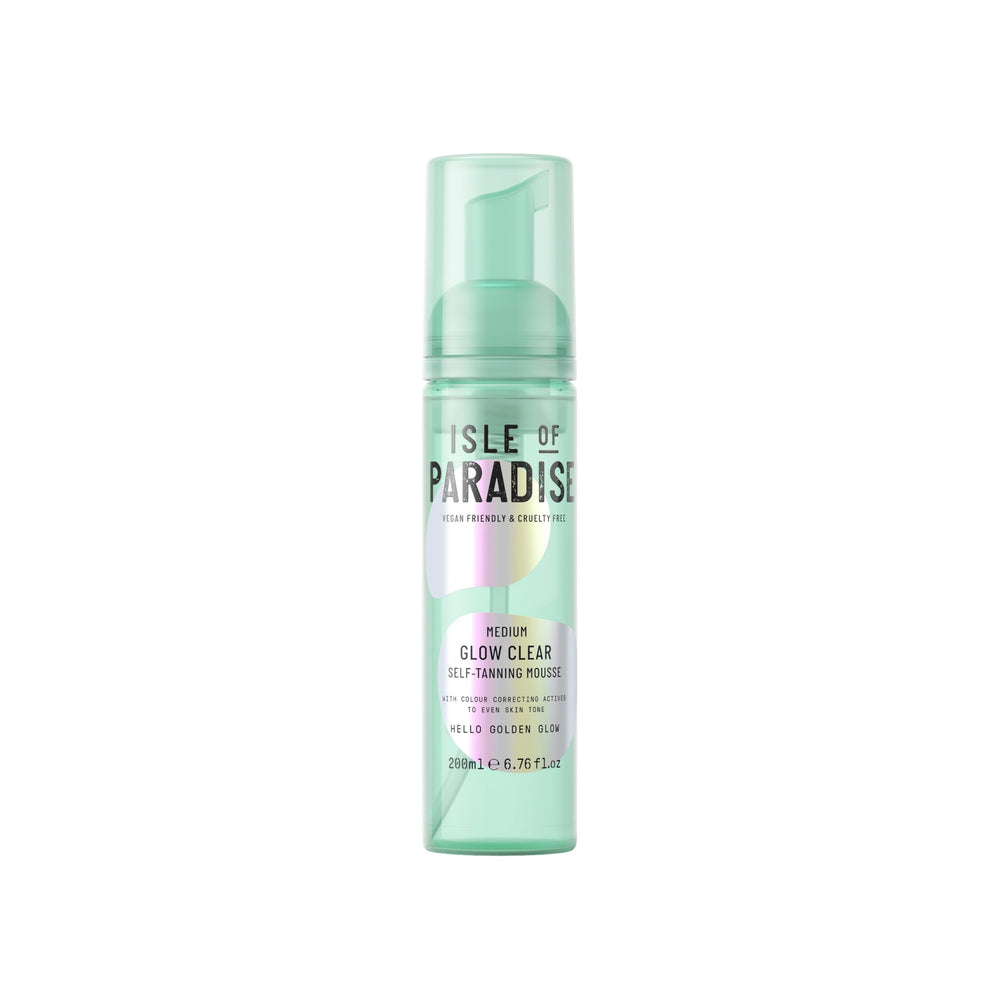 Isle of Paradise Glow Clear Self-Tanning Mousse packaging shows transfer-free color correction.