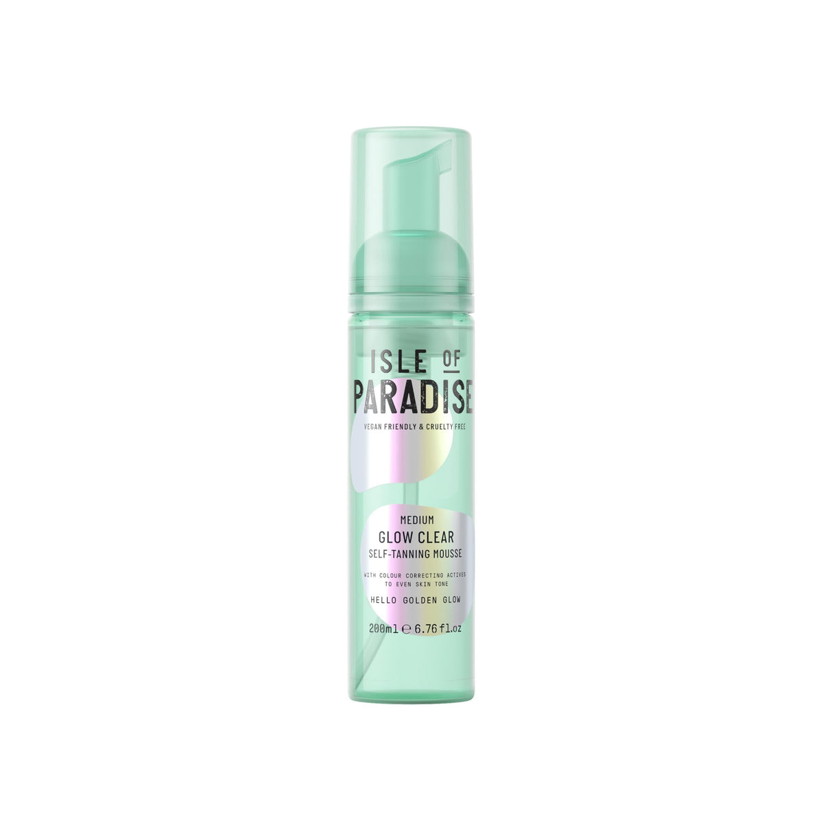 Isle of Paradise Glow Clear Self-Tanning Mousse packaging shows transfer-free color correction.