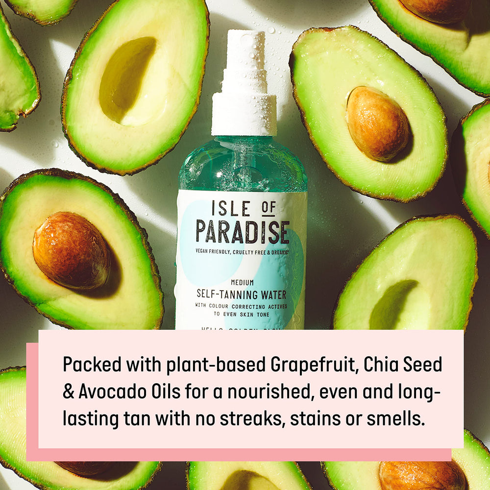 Isle of Paradise plant-based oils hydrate skin with grapefruit, chia seed, and avocado.