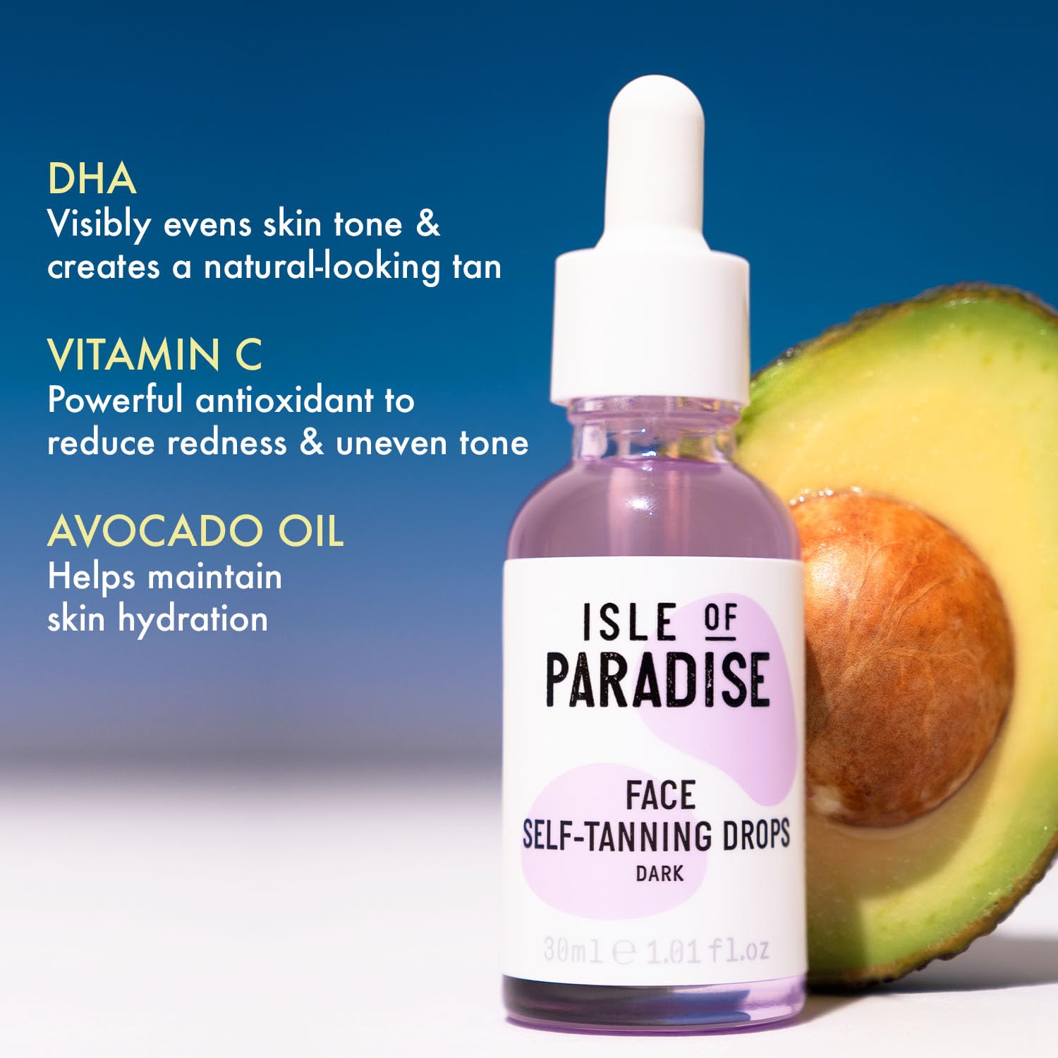 Isle of Paradise Self Tanning Drops Dark fragrance-free formula for sensitive skin.