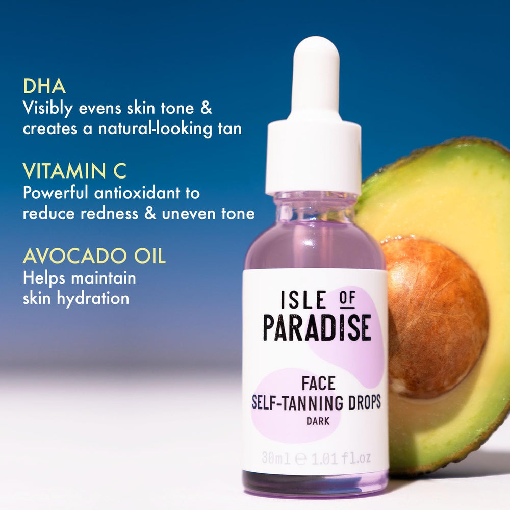 Isle of Paradise Self Tanning Drops Dark fragrance-free formula for sensitive skin.
