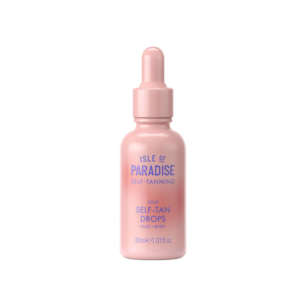 Isle of Paradise self tanning drops light bottle close-up for a natural bronze glow