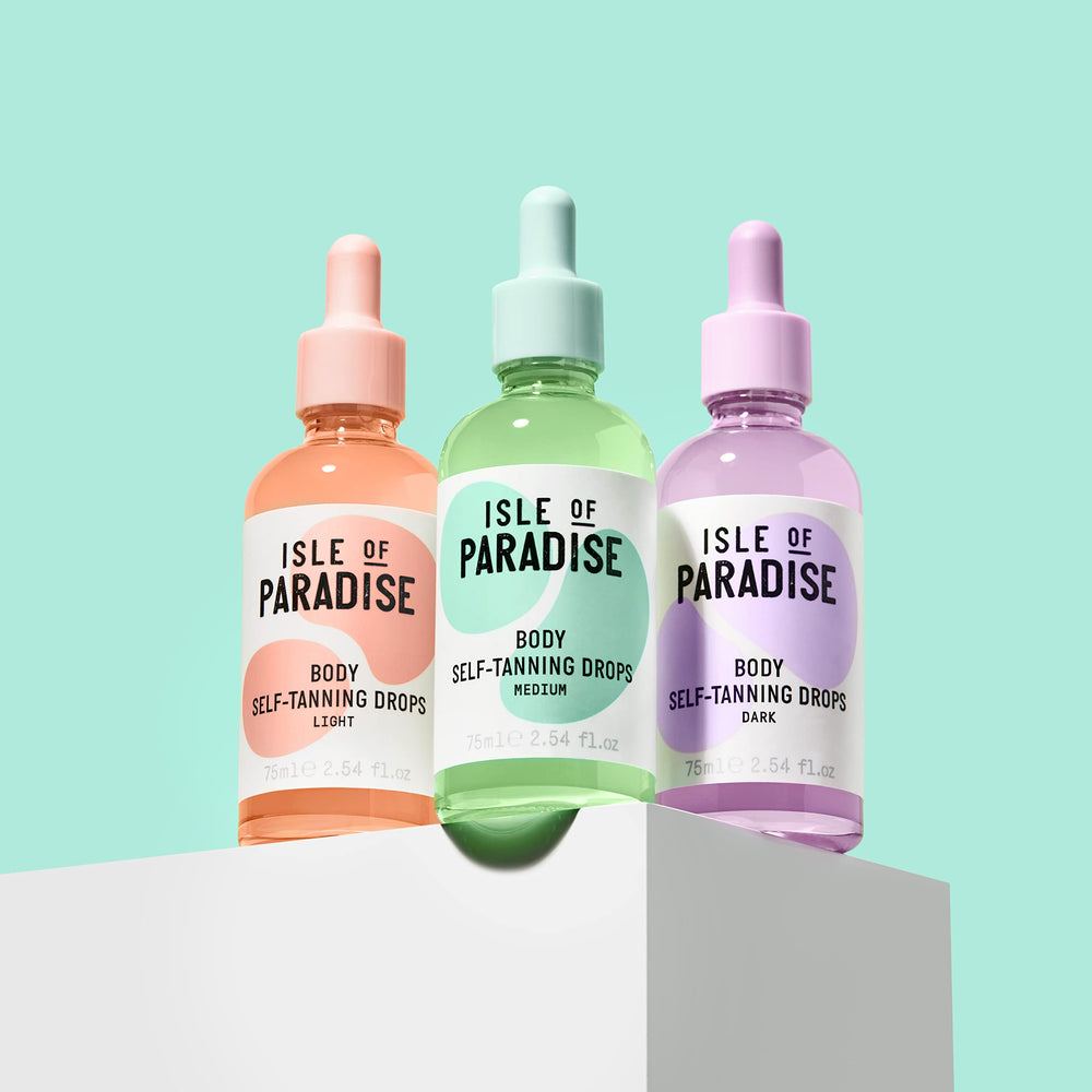 Isle of Paradise self-tanning drops packaging box shows cruelty-free status.