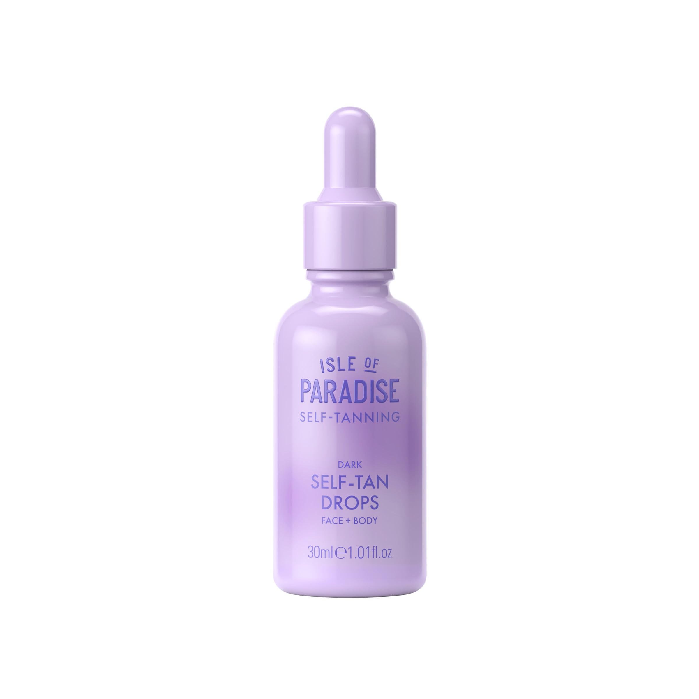 Isle of Paradise self-tanning drops bottle shows fragrance-free, dermatologist-approved formula for natural bronze.