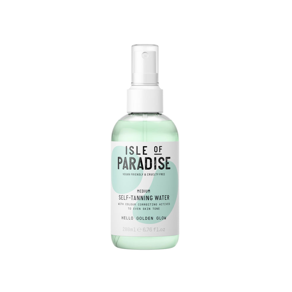 Isle of Paradise self-tanning water bottle packaging for easy at-home glow.