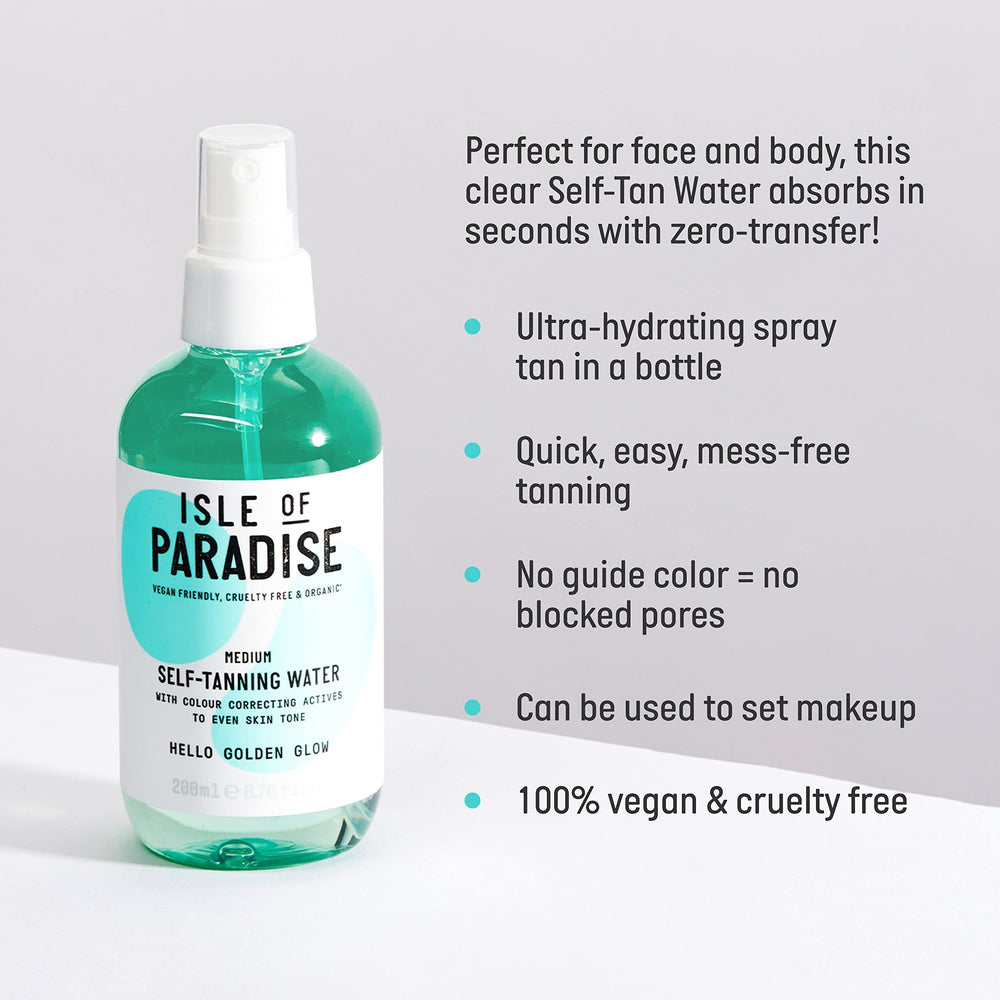 Isle of Paradise self-tanning water mist on face and body for even coverage.