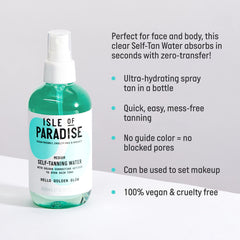 Isle of Paradise self-tanning water mist on face and body for even coverage.