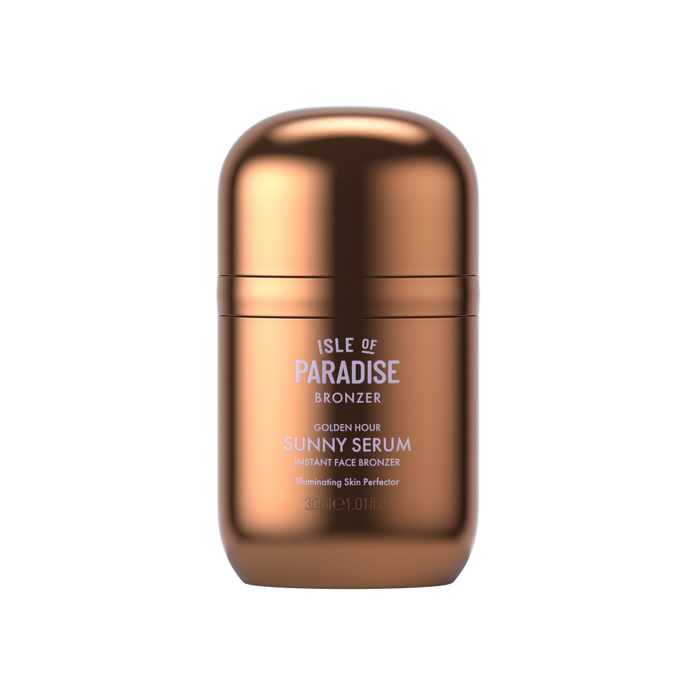 Isle of Paradise Sunny Serum bottle closeup highlights radiant, buildable bronze glow.