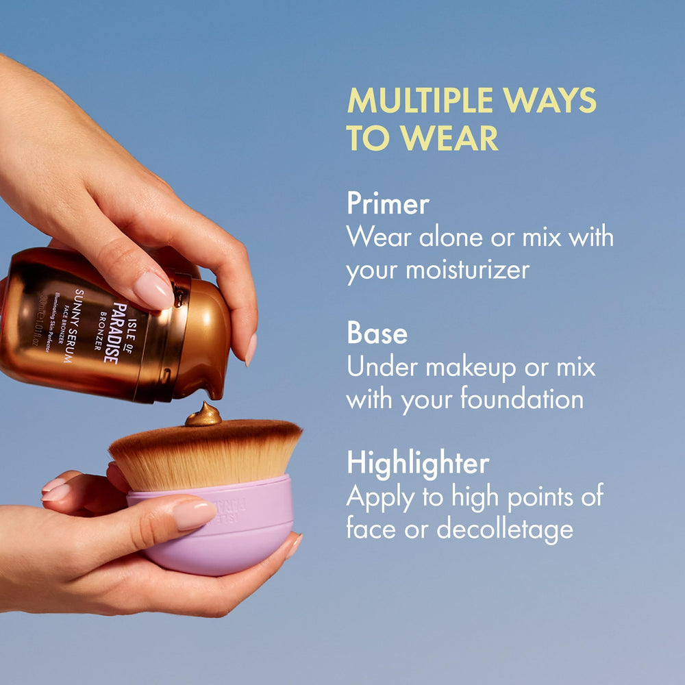 Isle of Paradise Sunny Serum bottle guide illustrates four-way wear as primer, base, highlight, or body illuminator.