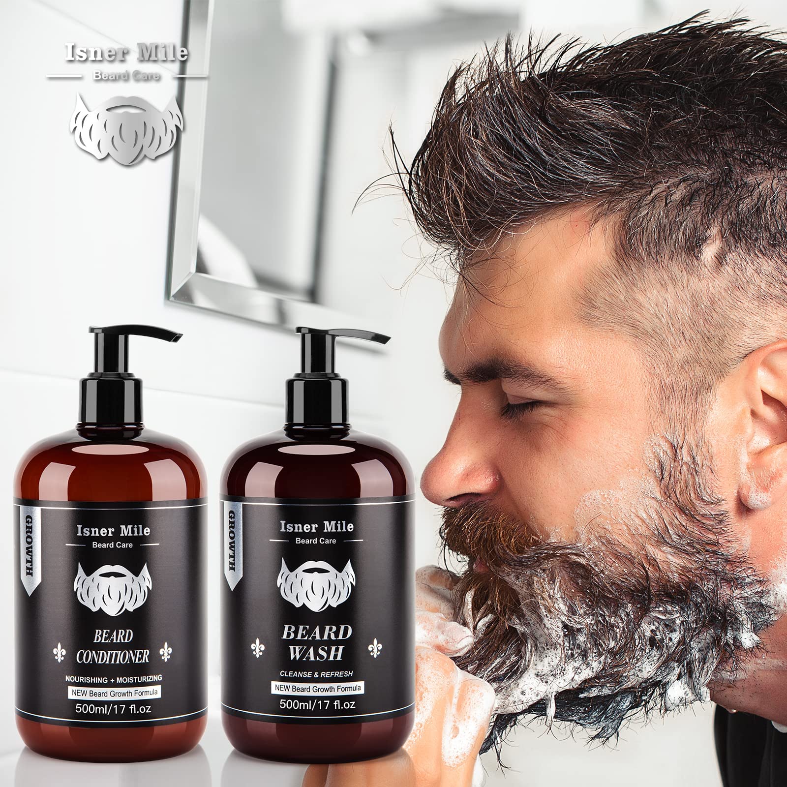 ISNER MILE beard conditioner pump closeup showing silky texture.