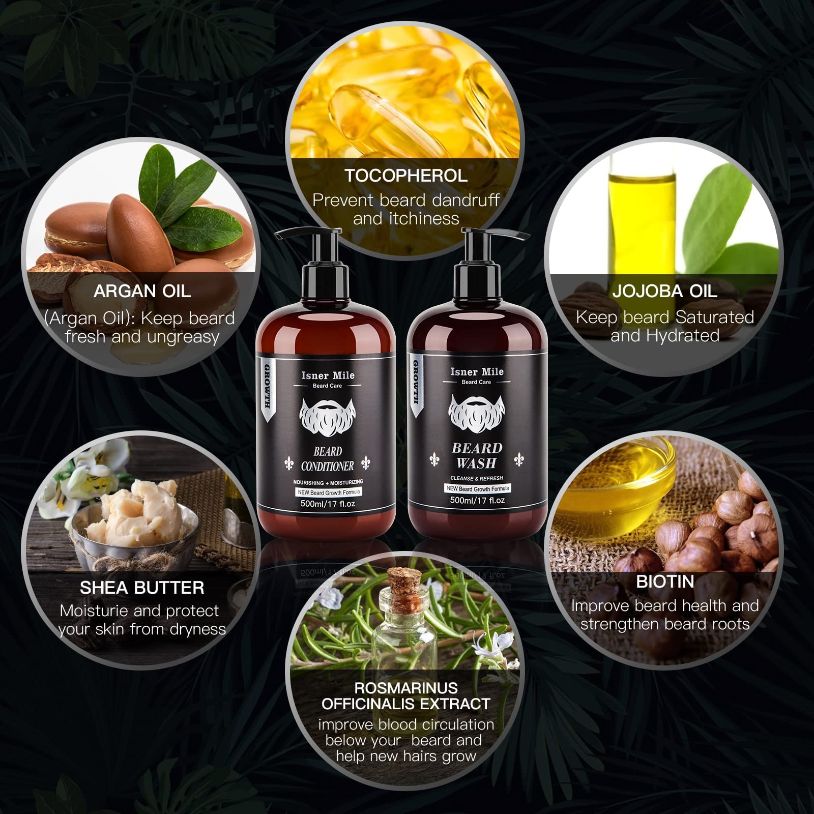 ISNER MILE beard wash ingredients argan and jojoba nourish skin.