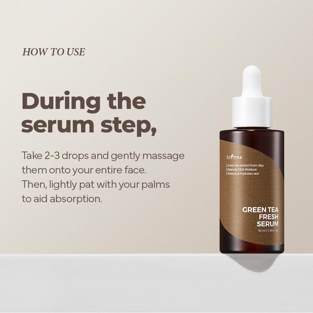 IsNTREE Green Tea Fresh Serum with EGCG calms skin before makeup routine.