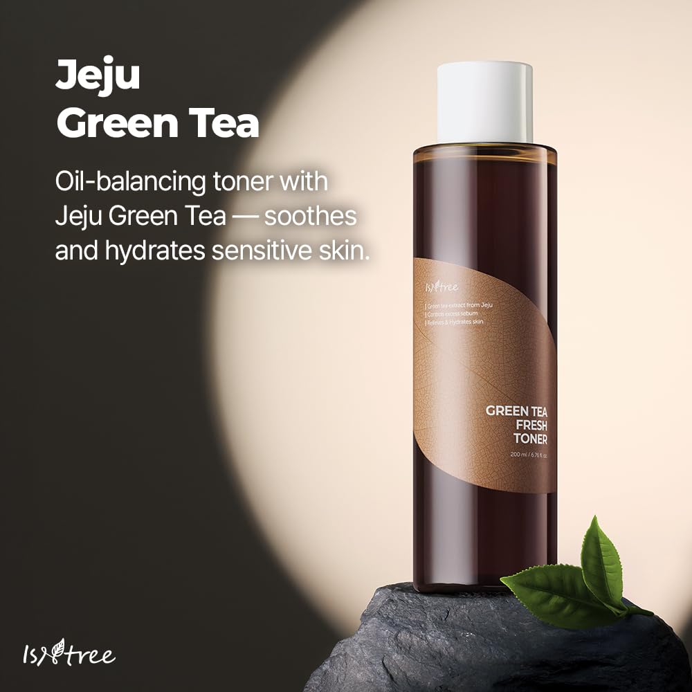 ISNTREE green tea fresh toner on modern bathroom counter.