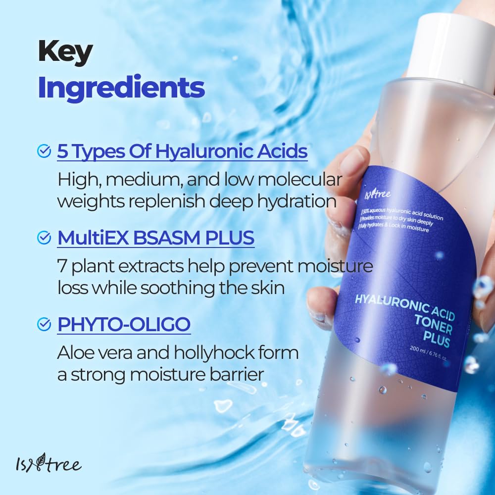 IsNtree Hyaluronic Acid Toner on skin closeup with refreshed glow.