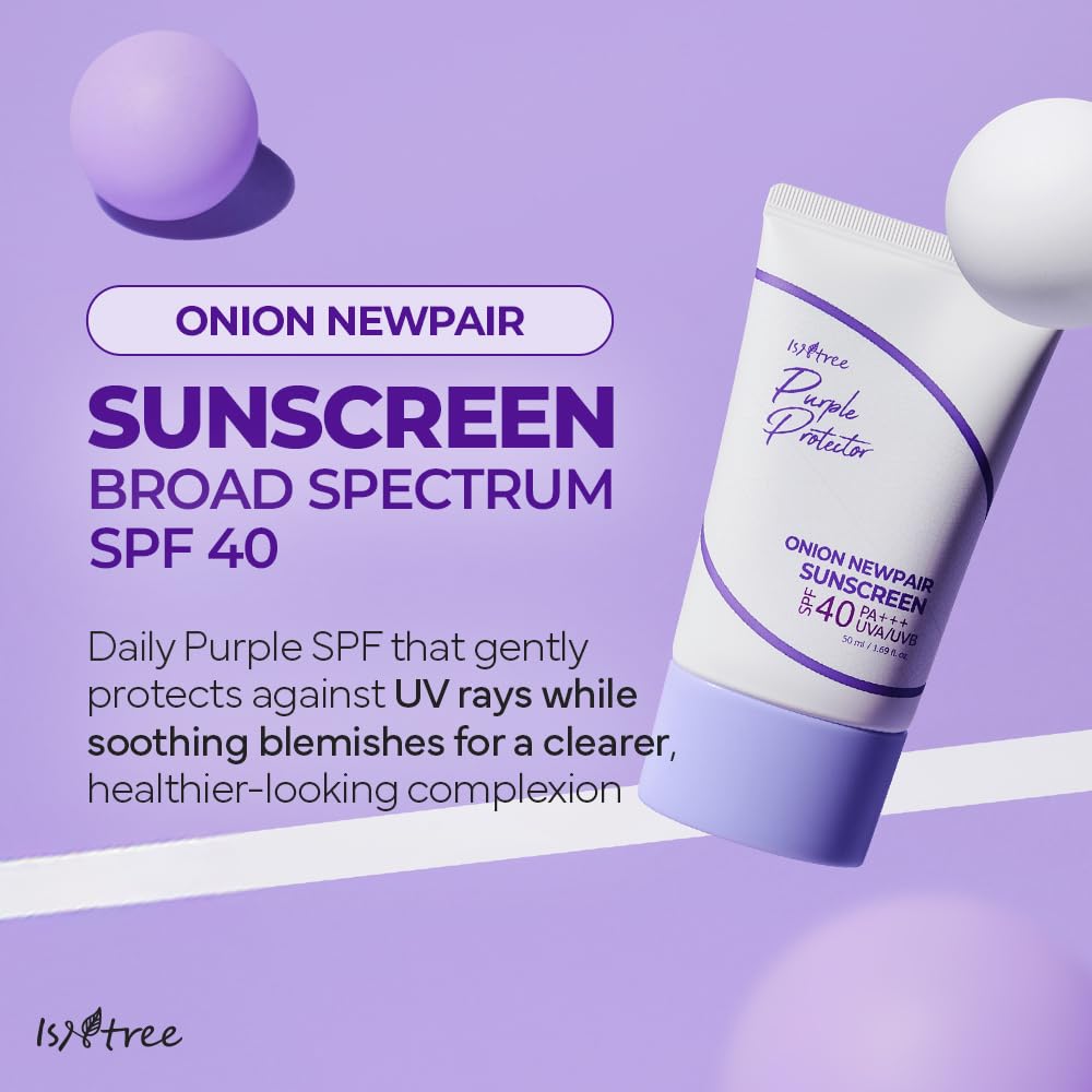 ISNTREE Onion Newpair Sunscreen purple-tint swatch demonstrating tone-up effect.