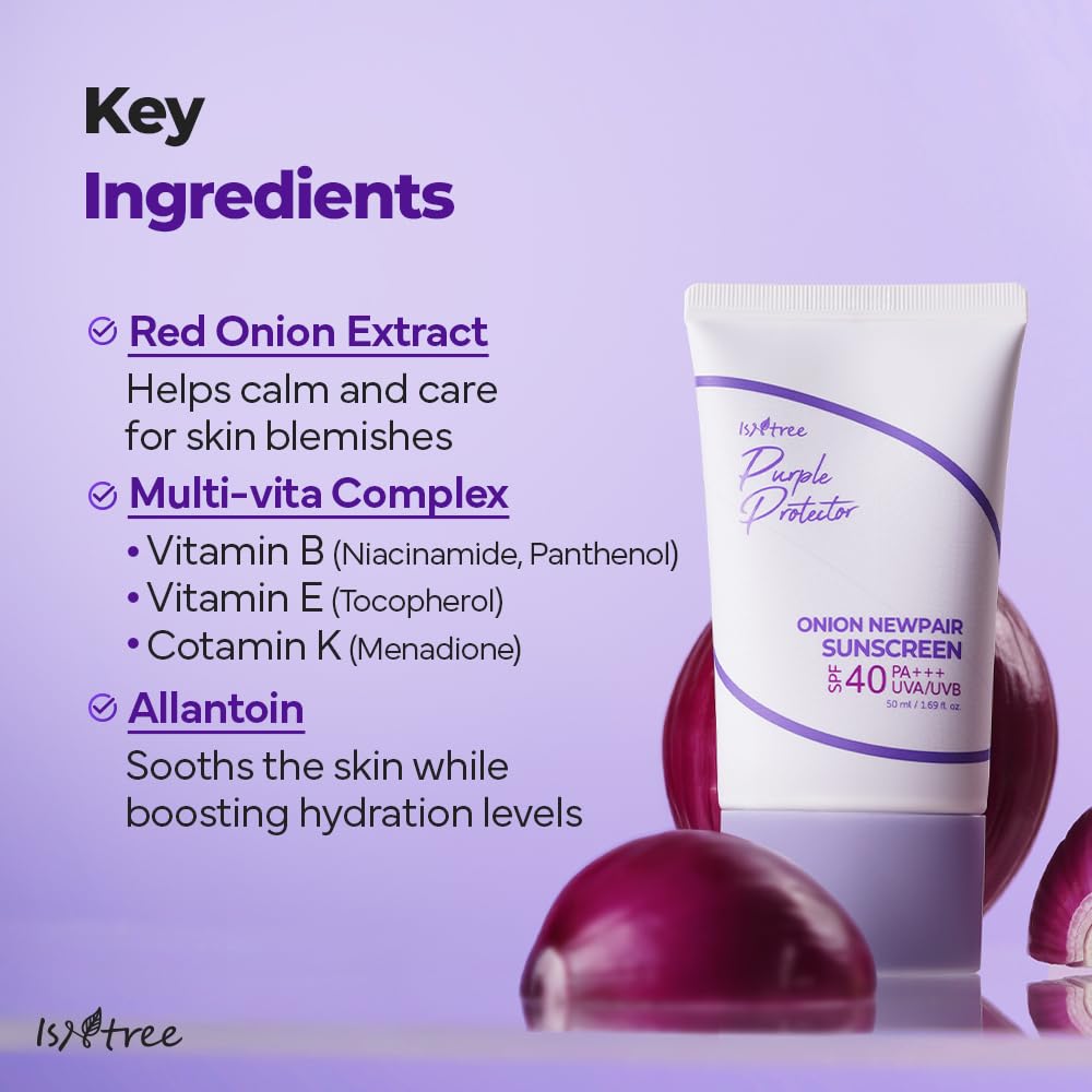ISNTREE Onion Newpair Sunscreen SPF40 badge with broad protection messaging.