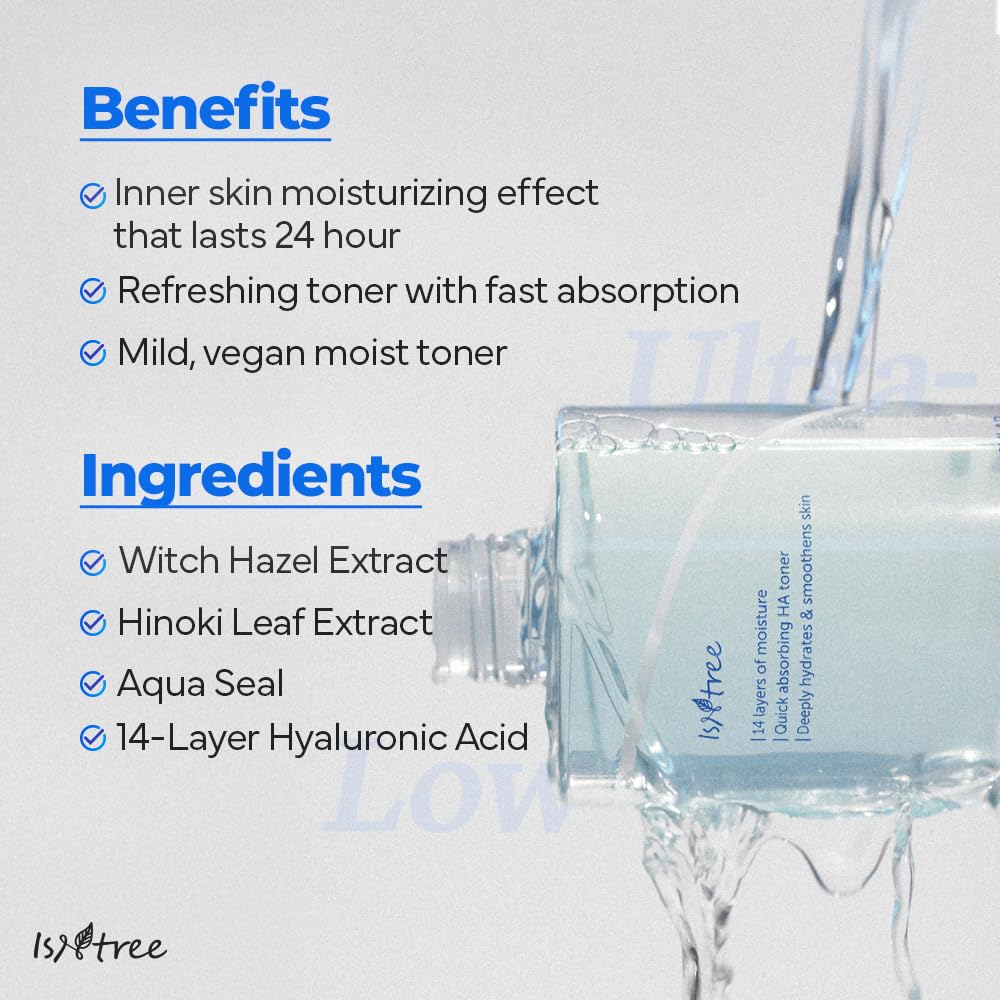 ISNTREE Ultra-Low Molecular Hyaluronic Acid Toner vegan fragrance-free badge emphasis