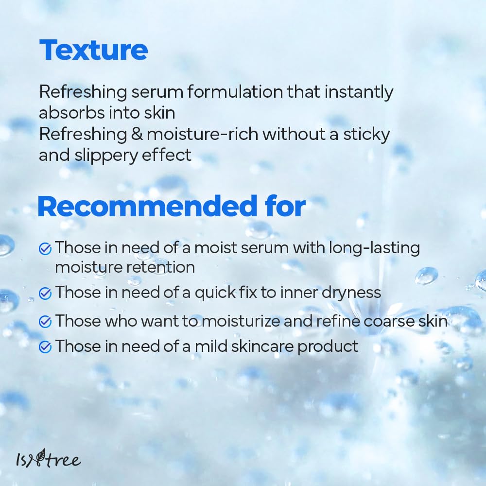 ISNTREE Ultra-Low Molecular Hyaluronic Serum hydration layers concept with droplets.