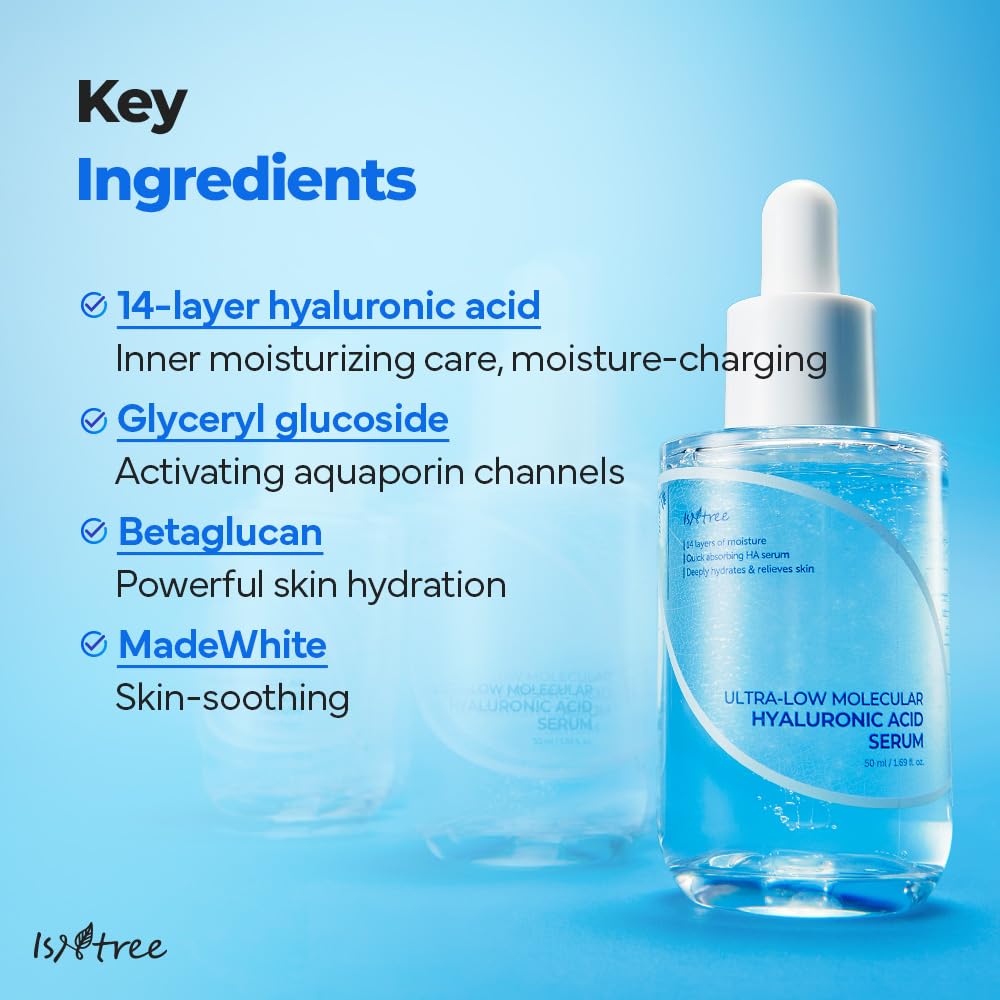 ISNTREE Ultra-Low Molecular Hyaluronic Serum sea minerals scene hints at hydration support.