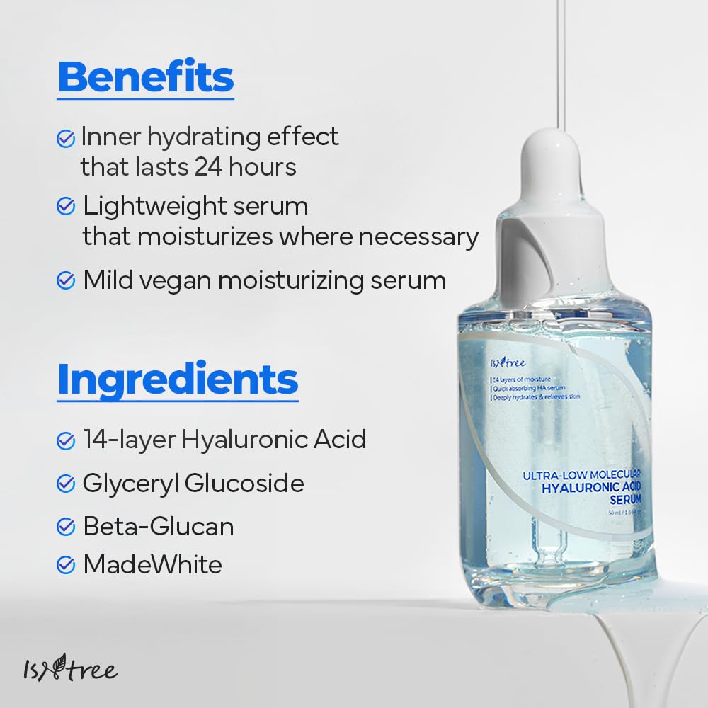 ISNTREE Ultra-Low Molecular Hyaluronic Serum texture close-up shows lightweight, non-sticky feel.