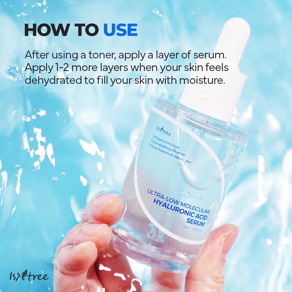 ISNTREE Ultra-Low Molecular Hyaluronic Serum vegan-friendly packaging underscores sensitive-skin suitability.