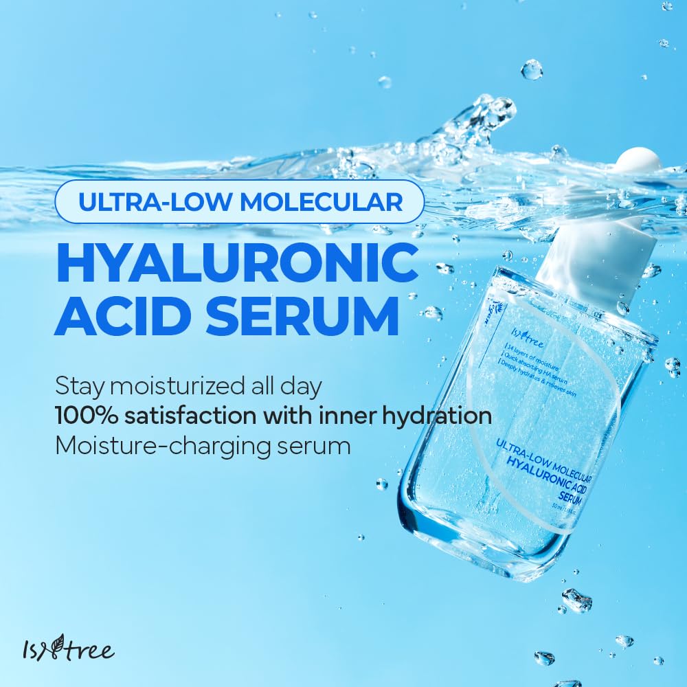 ISNTREE Ultra-Low Molecular Hyaluronic Serum water droplets illustrate moisture retention.
