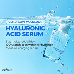 ISNTREE Ultra-Low Molecular Hyaluronic Serum water droplets illustrate moisture retention.