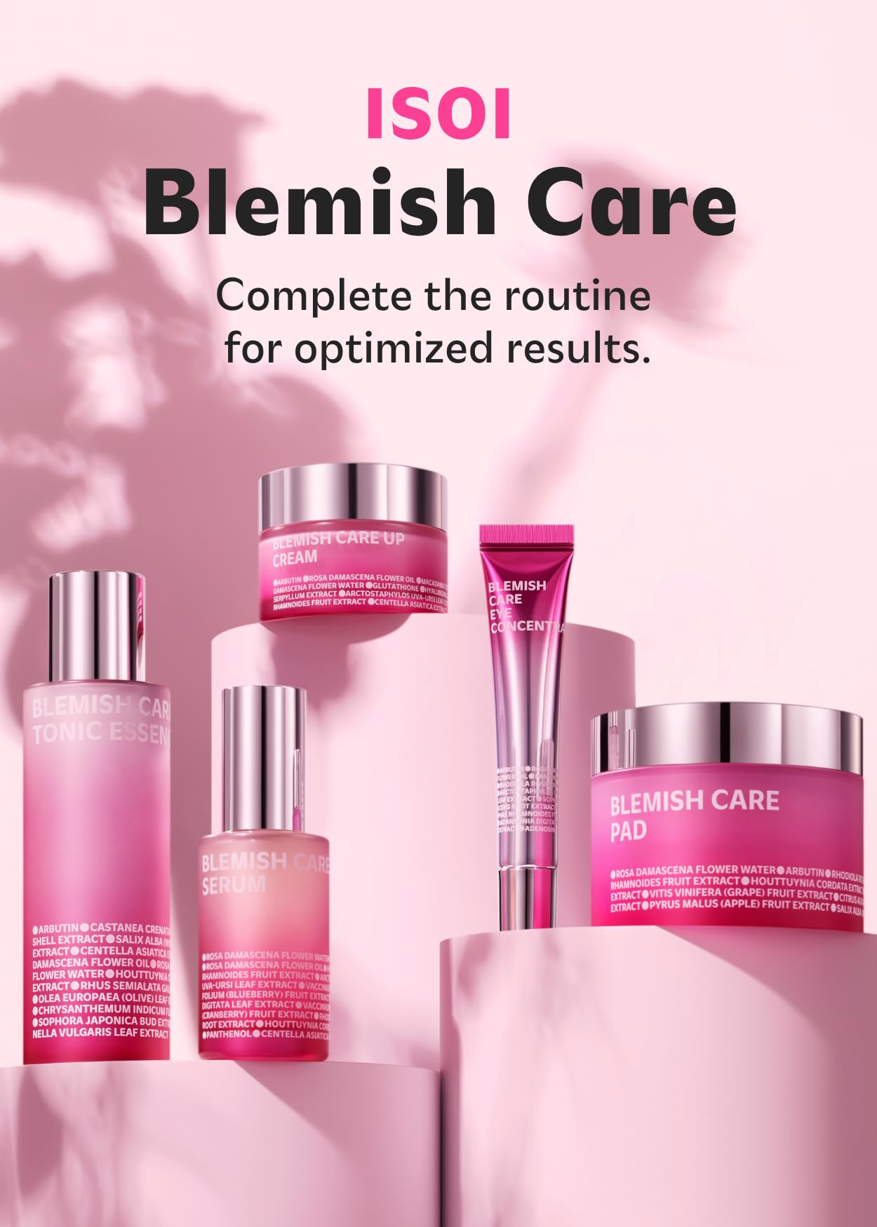 Soft pink background with ISOI serum indicating all skin types suitability