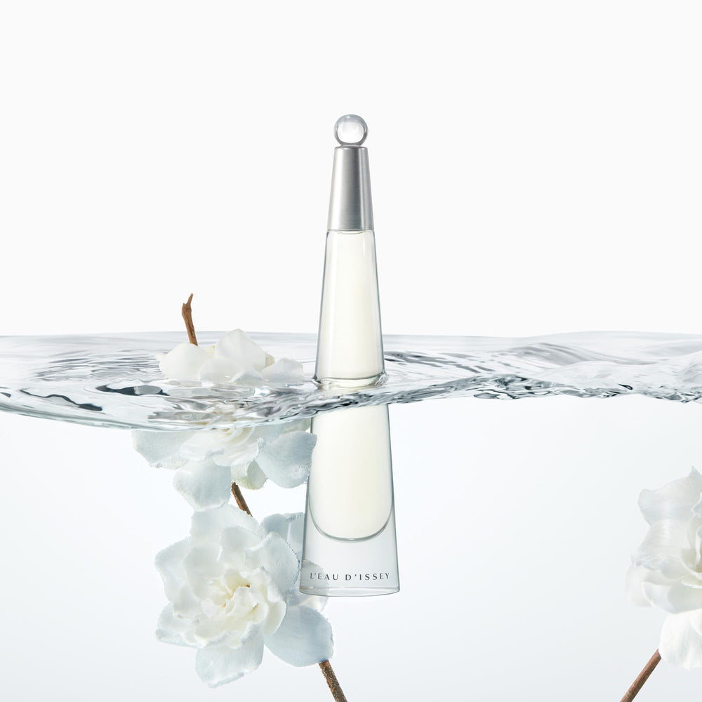 Issey Miyake L'Eau d'Issey sleek silhouette captures refined design for vanity display.