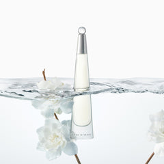 Issey Miyake L'Eau d'Issey sleek silhouette captures refined design for vanity display.