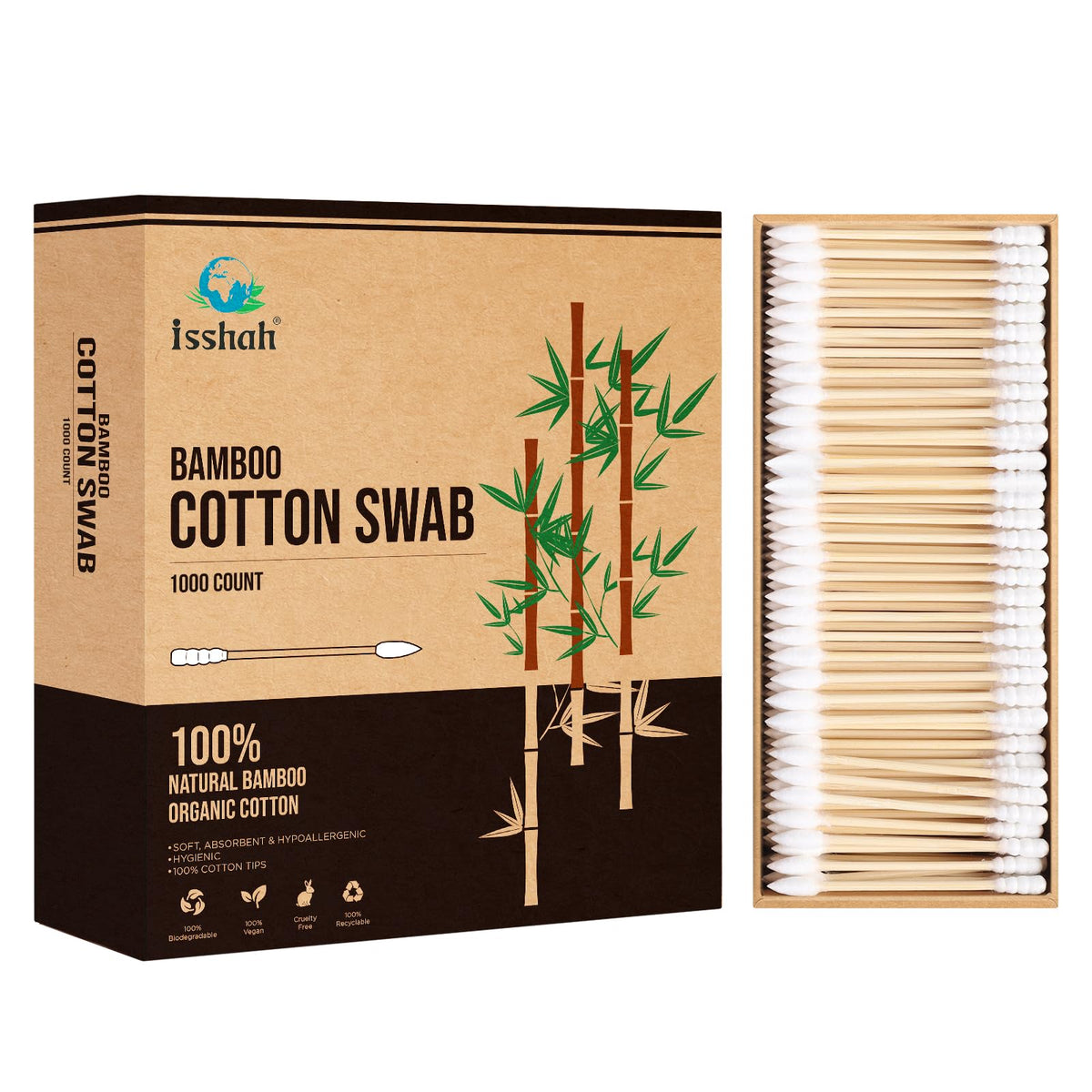 Isshah bamboo cotton swabs box of 1000 for eco-friendly daily use.