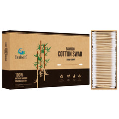 Isshah bamboo cotton swabs packaging box highlights recyclable packaging and plastic-free care.