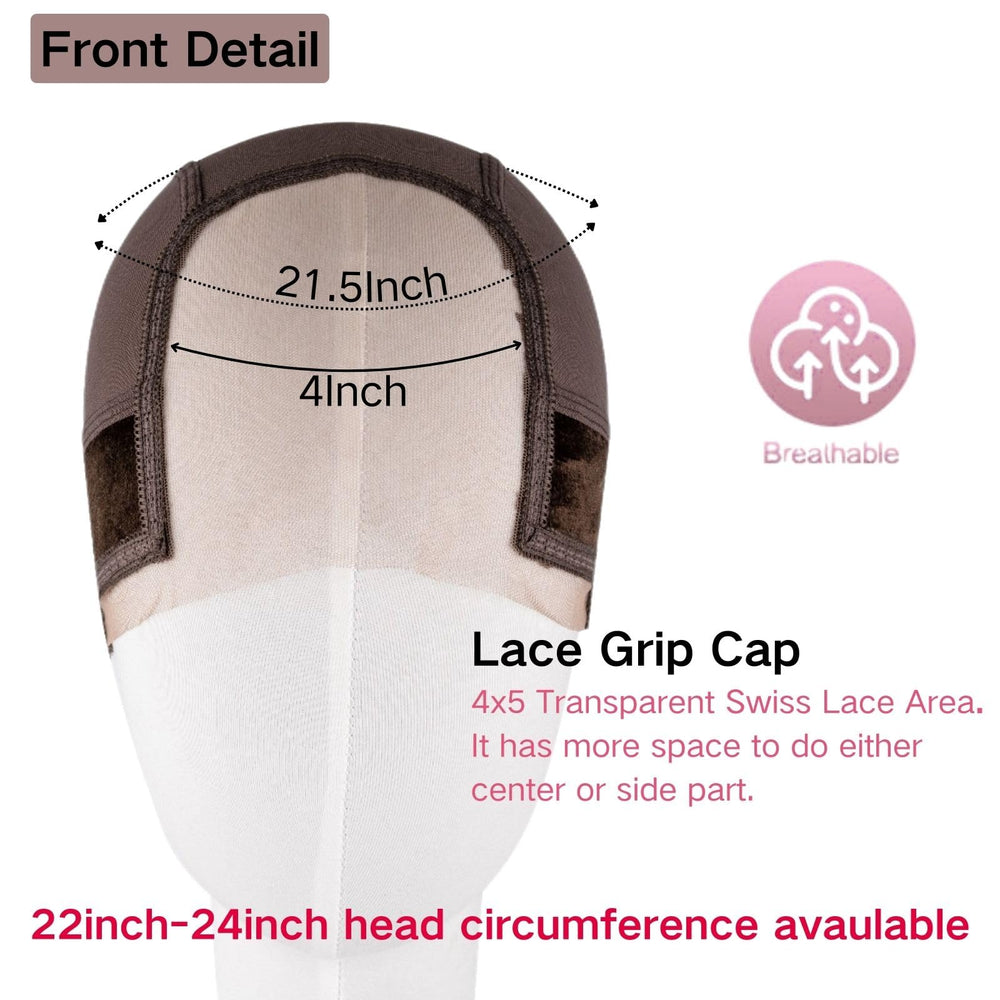 Isshin Beauty lace wig grip cap lace-area close-up; 4x5 area enables flexible parting.
