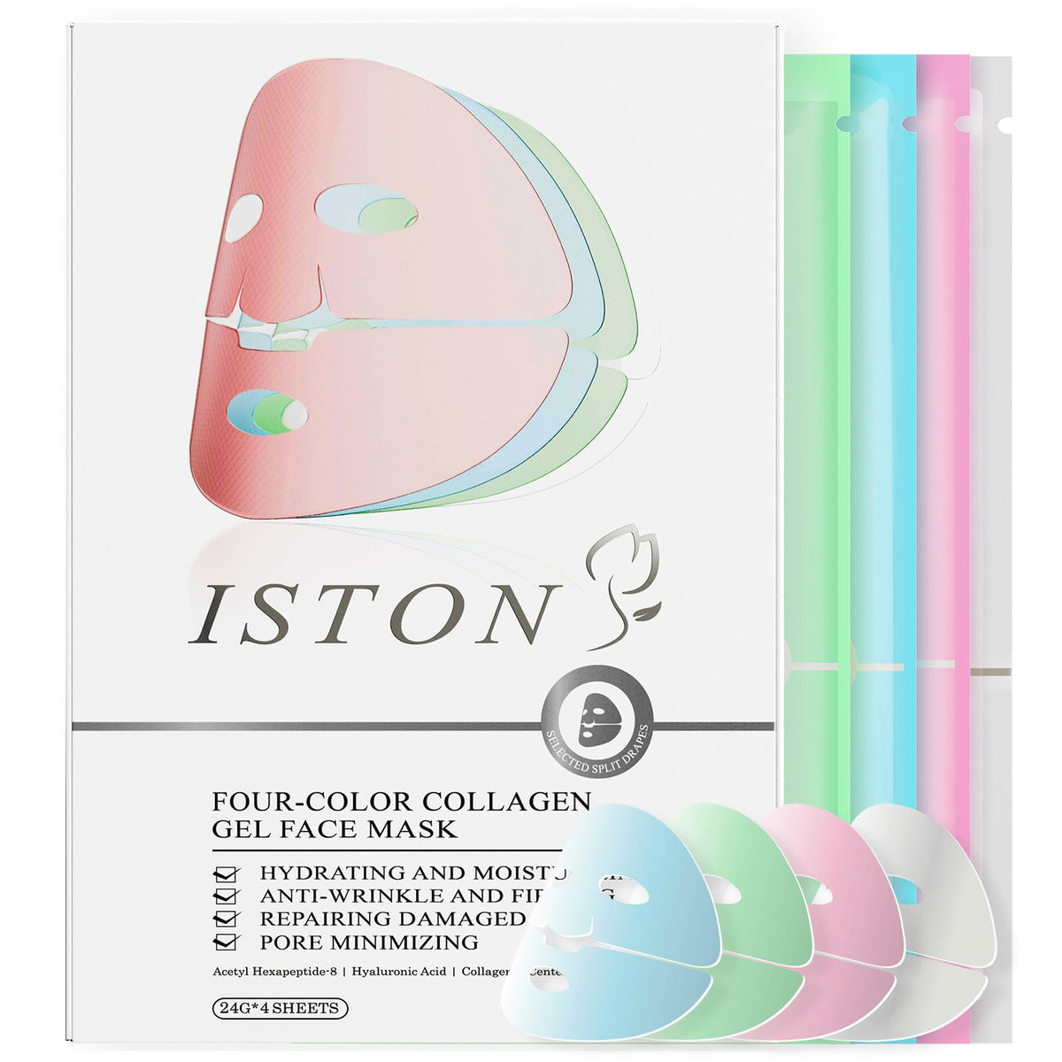 ISTON 4-in-1 mask set packaging highlights a premium kit for hydration, elasticity, soothing, and brightening.