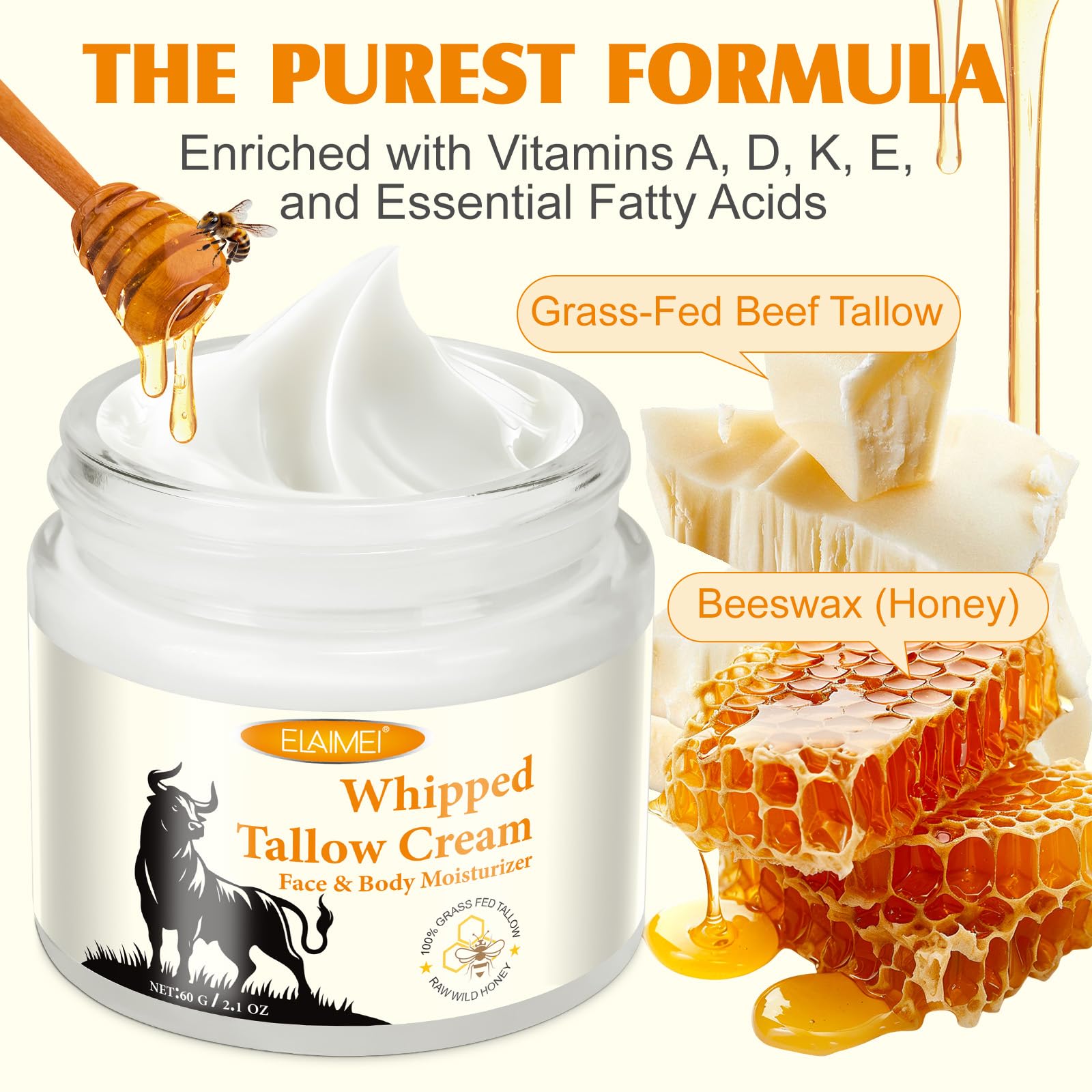 ISUNRISE beef tallow honey balm jar closeup highlighting nourishing beeswax and honey.