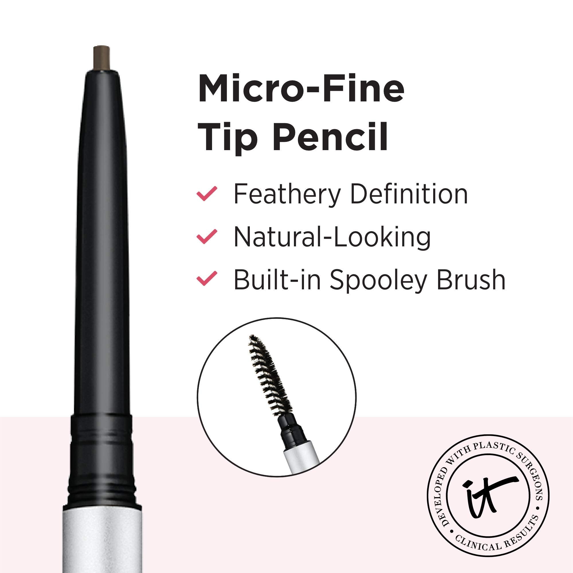 IT Cosmetics Brow Power Micro closeup pencil demonstrates fine tip control for light or dark strokes